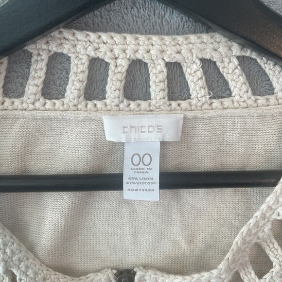 Chico’s Crochet Boho Linen Blend Knit Cardigan Cream Tan Women's Sweater Size 00 - Picture 3 of 4
